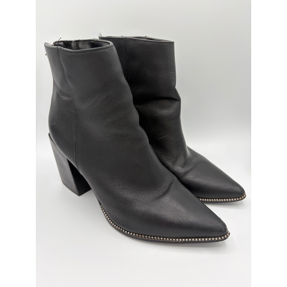 Black Leather Pointed Toe Studded Ankle Boots Block Heel Olga Size 9M